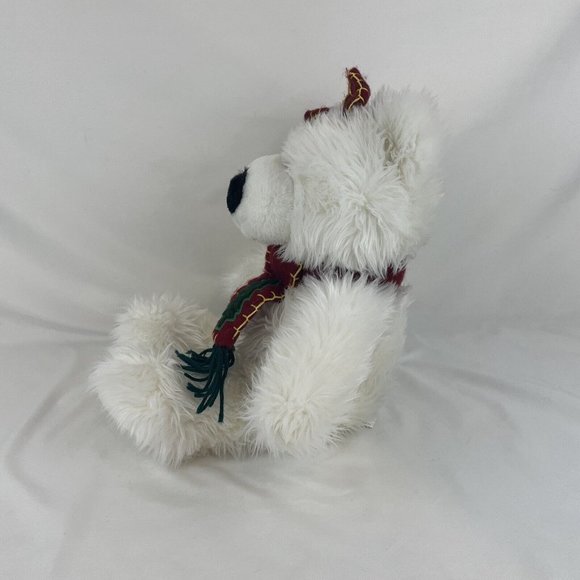 Main Joy Limited White Christmas Teddy bear 15” Plush Scarf & Bow Long Fuzzy Fur - Picture 2 of 7
